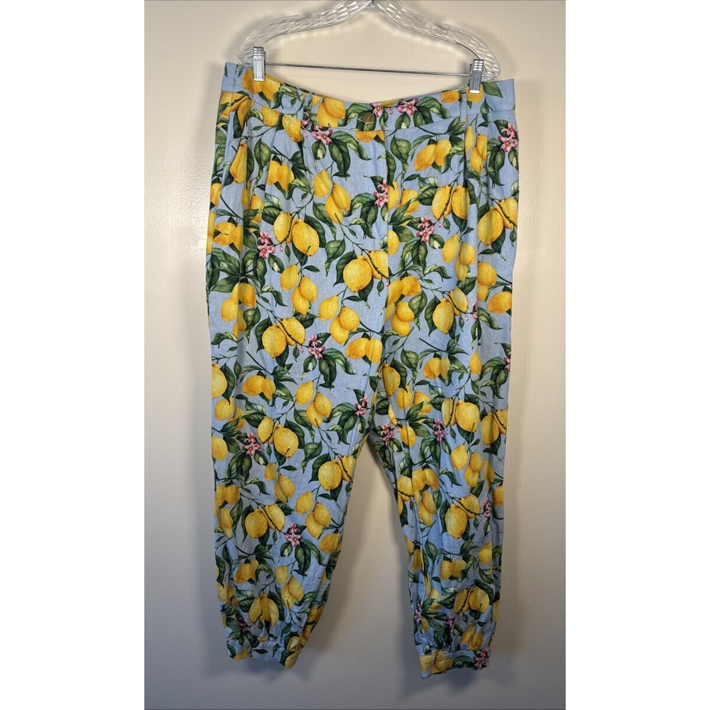 Fashion‎ To Figure Pant Women's 1x Linen Blue Harem Style Lemon Print Belt Loops
